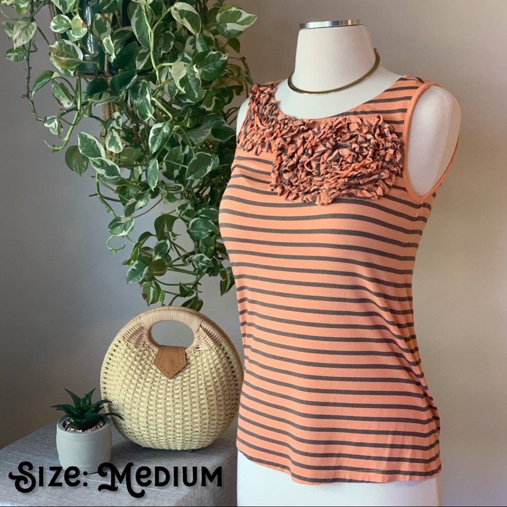 Salmon & Gray Striped Tank Top w/Gathered Flower